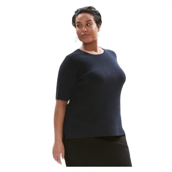 MM LaFleur Choe Navy Blue Crewneck Thick Knit Short Sleeve Top - Picture 1 of 8